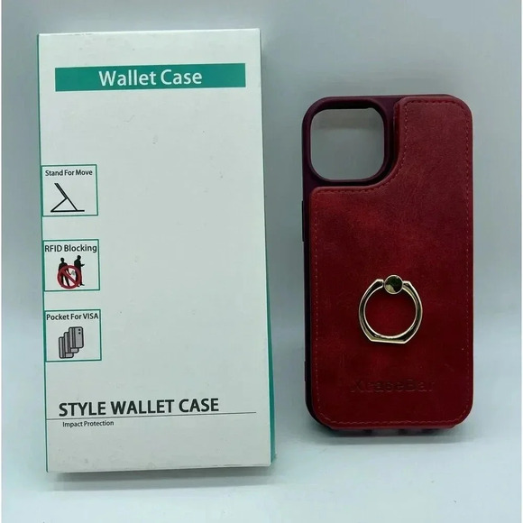 Faux Leather Wallet Case for iPhone 14 6.1” RFID Blocking 360°Ring Kickstand - Picture 3 of 8